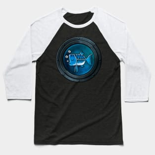 A Sleepy Blue Fish framed by a Porthole Baseball T-Shirt